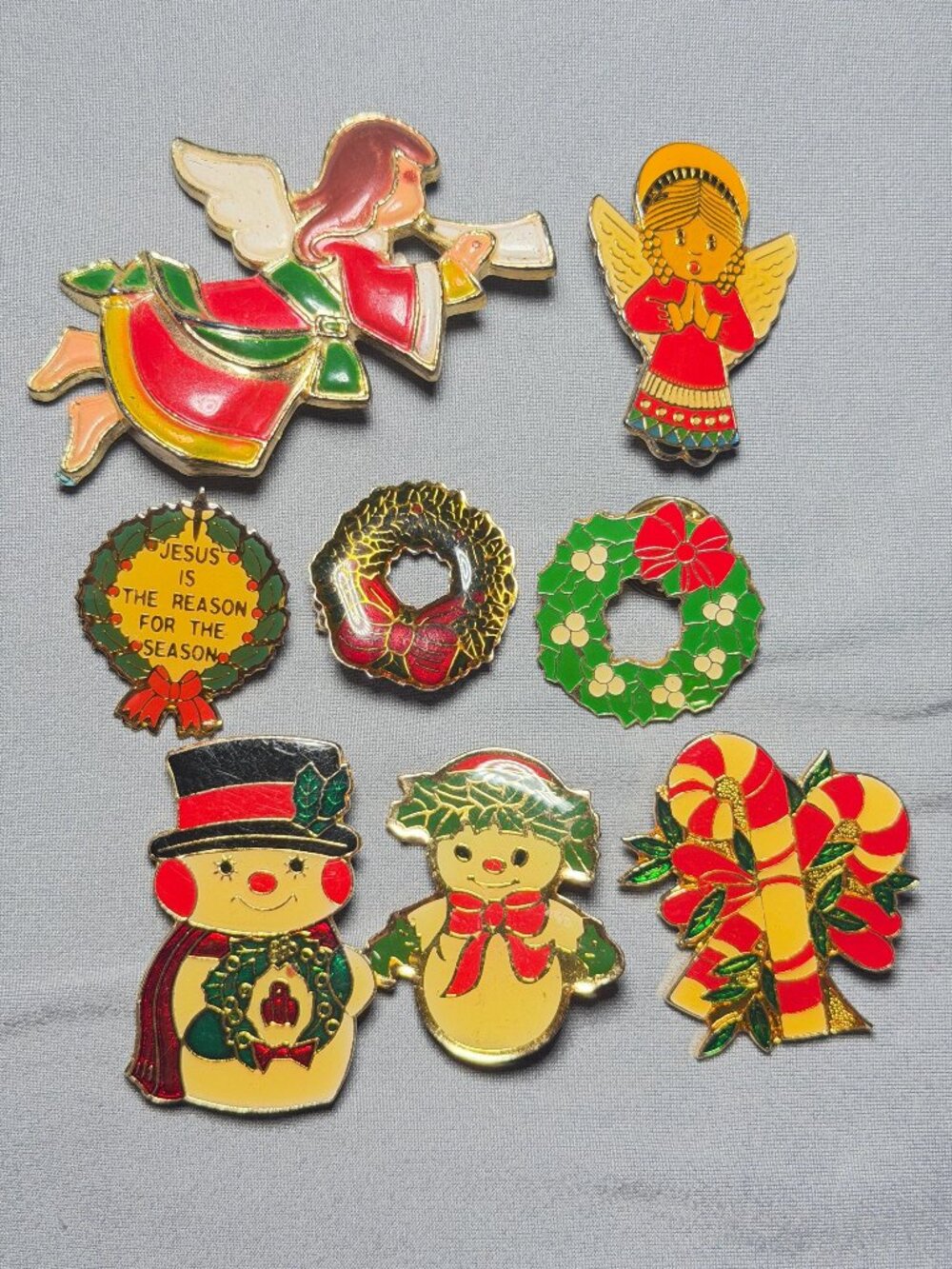 Vintage Christmas Flat Enamel Pin Lot of 8 Angels Wreaths Snowmen